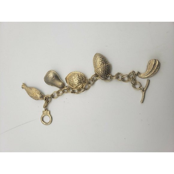 Large Chunky Gold Tone Charm Bracelet Fruit Charms W/Stone - Picture 2 of 3